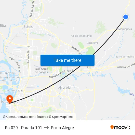 Rs-020 - Parada 101 to Porto Alegre map