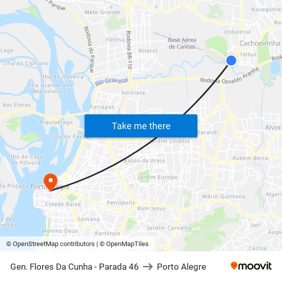 Gen. Flores Da Cunha - Parada 46 to Porto Alegre map