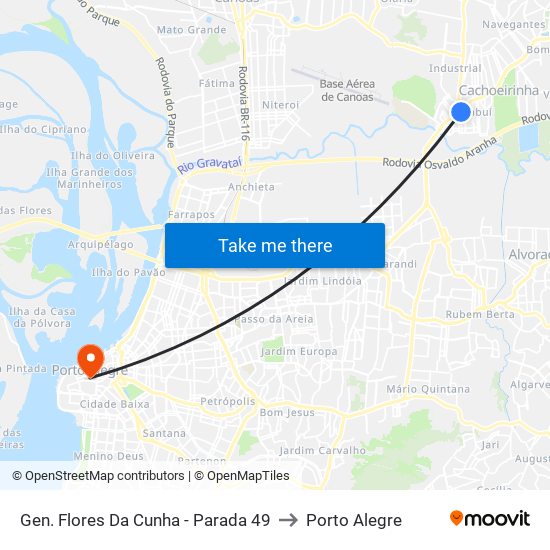 Gen. Flores Da Cunha - Parada 49 to Porto Alegre map