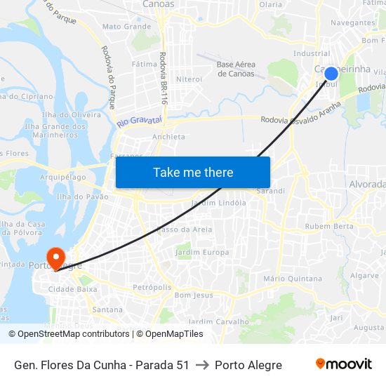 Gen. Flores Da Cunha - Parada 51 to Porto Alegre map