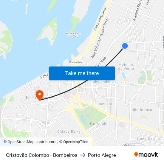 Cristovão Colombo - Bombeiros to Porto Alegre map