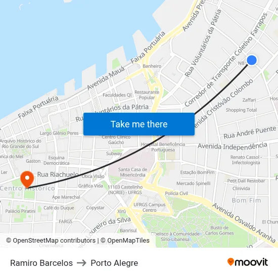 Ramiro Barcelos to Porto Alegre map
