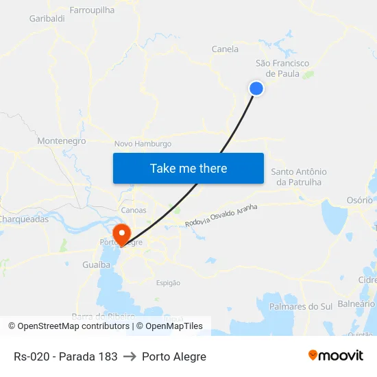 Rs-020 - Parada 183 to Porto Alegre map