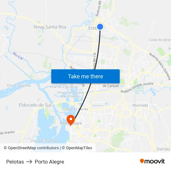Pelotas to Porto Alegre map