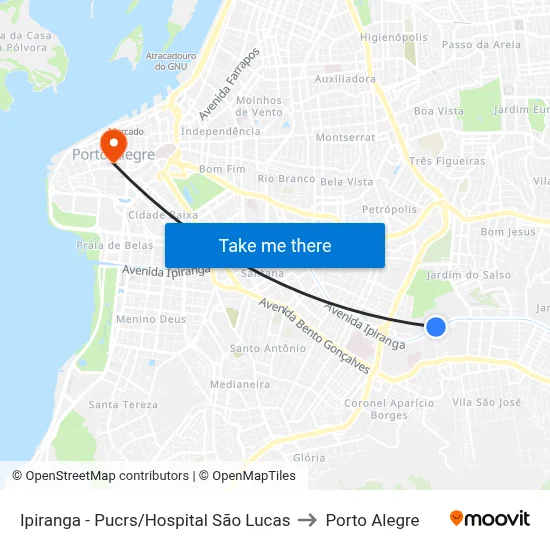 Ipiranga - Pucrs/Hospital São Lucas to Porto Alegre map