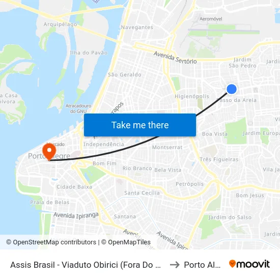 Assis Brasil - Viaduto Obirici (Fora Do Corredor) to Porto Alegre map