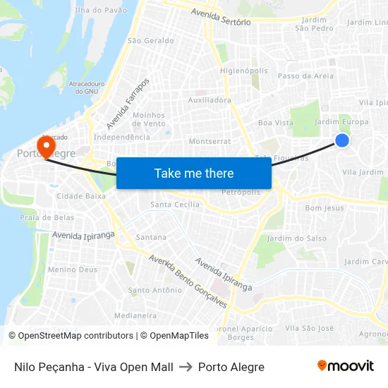 Nilo Peçanha - Viva Open Mall to Porto Alegre map