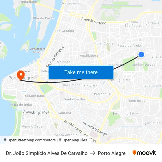 Dr. João Simplício Alves De Carvalho to Porto Alegre map