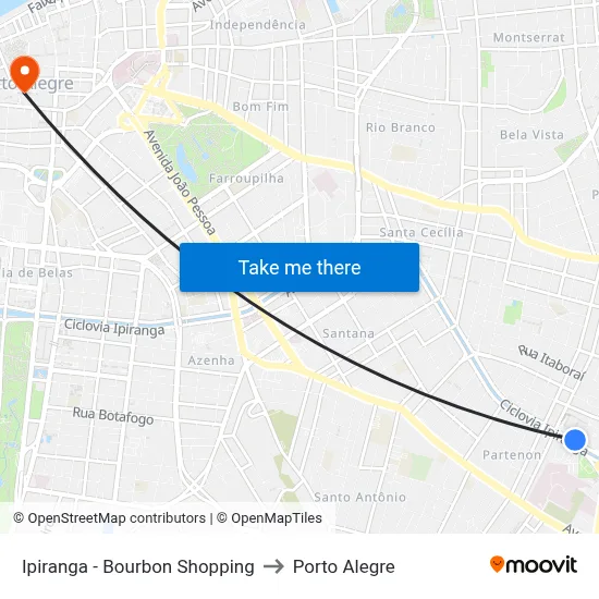 Ipiranga - Bourbon Shopping to Porto Alegre map