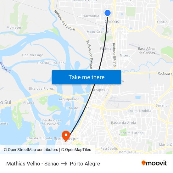 Mathias Velho - Senac to Porto Alegre map