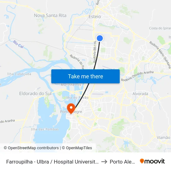 Farroupilha - Ulbra / Hospital Universitário to Porto Alegre map