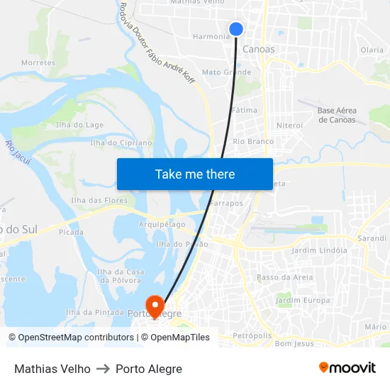 Mathias Velho to Porto Alegre map
