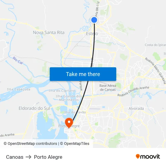 Canoas to Porto Alegre map