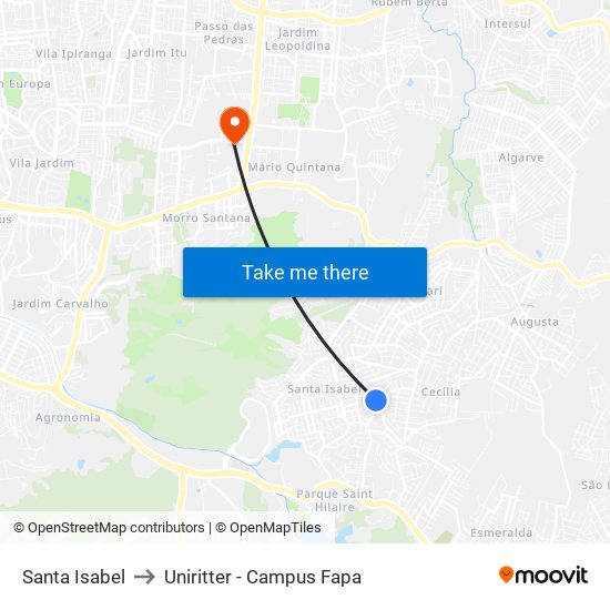 Santa Isabel to Uniritter - Campus Fapa map