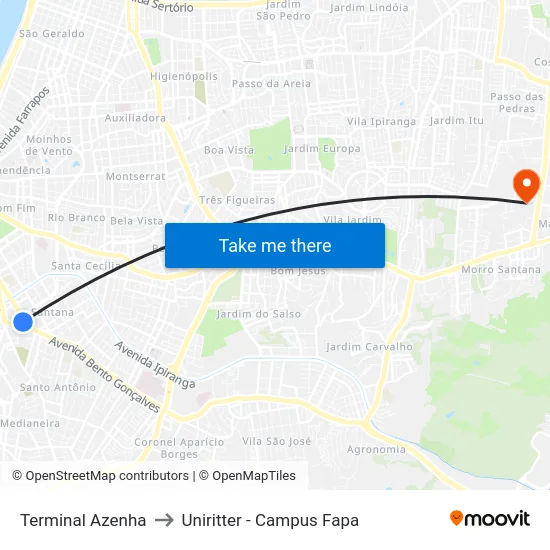 Terminal Azenha to Uniritter - Campus Fapa map