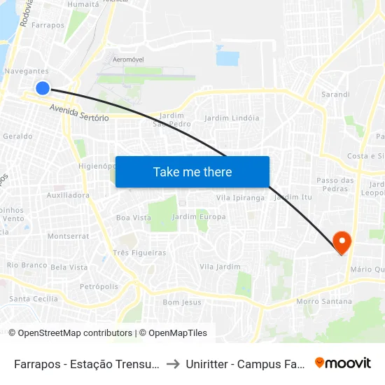 Farrapos - Estação Trensurb to Uniritter - Campus Fapa map