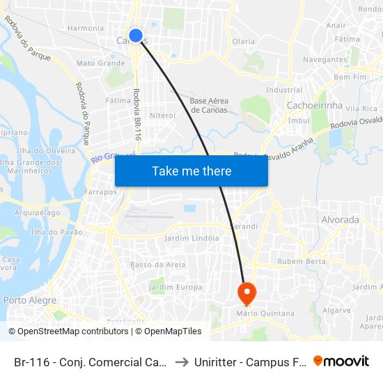 Br-116 - Conj. Comercial Canoas to Uniritter - Campus Fapa map