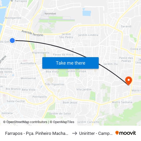 Farrapos - Pça. Pinheiro Machado [Bairro - C] to Uniritter - Campus Fapa map