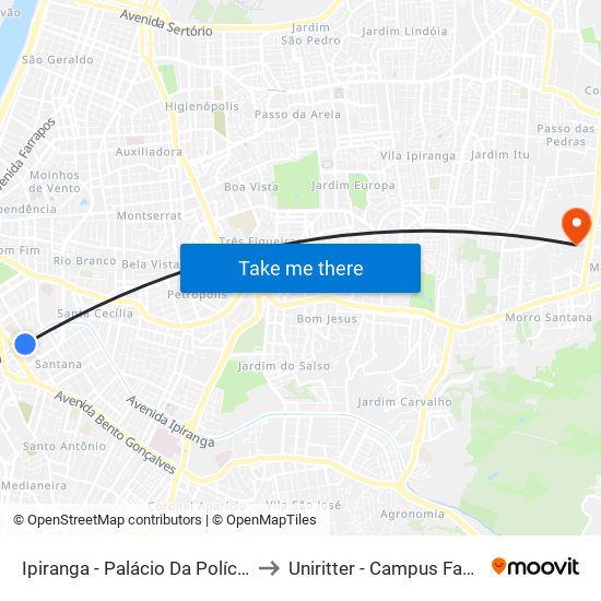 Ipiranga - Palácio Da Polícia to Uniritter - Campus Fapa map