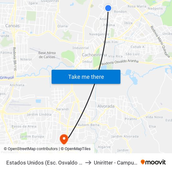 Estados Unidos (Esc. Osvaldo Camargo) to Uniritter - Campus Fapa map