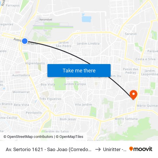 Av. Sertorio 1621 - Sao Joao (Corredor) - São João Porto Alegre - Rs 90240-480 Brasil to Uniritter - Campus Fapa map