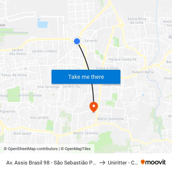 Av. Assis Brasil 98 - São Sebastião Porto Alegre - Rs 91110-000 Brasil to Uniritter - Campus Fapa map