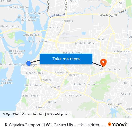 R. Siqueira Campos 1168 - Centro Histórico Porto Alegre - Rs 90010-001 Brasil to Uniritter - Campus Fapa map
