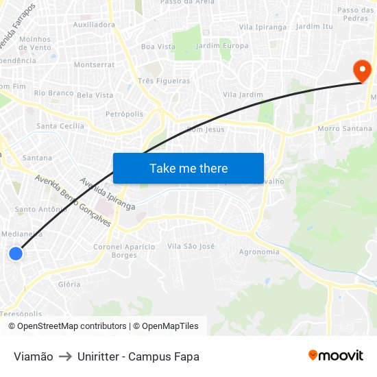 Viamão to Uniritter - Campus Fapa map