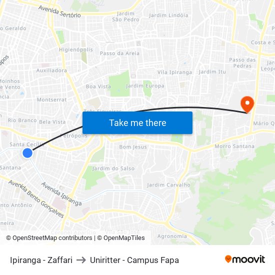 Ipiranga - Zaffari to Uniritter - Campus Fapa map