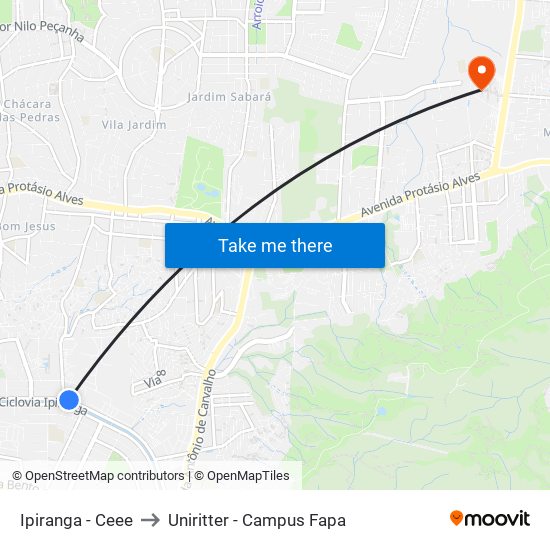 Ipiranga - Ceee to Uniritter - Campus Fapa map