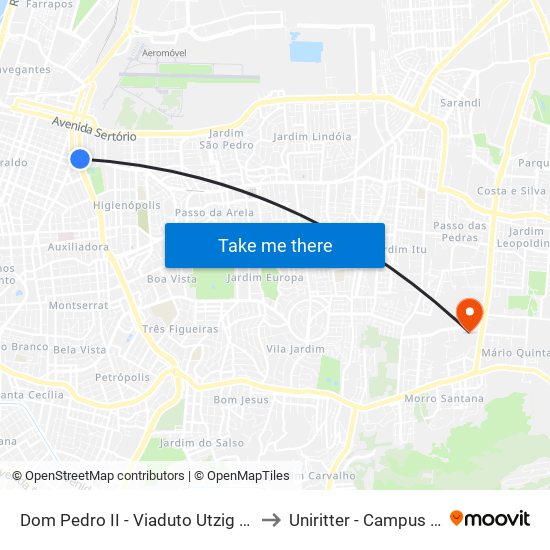 Dom Pedro II - Viaduto Utzig [Norte] to Uniritter - Campus Fapa map