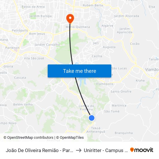 João De Oliveira Remião - Parada 19 to Uniritter - Campus Fapa map