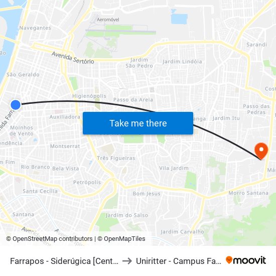 Farrapos - Siderúgica [Centro] to Uniritter - Campus Fapa map