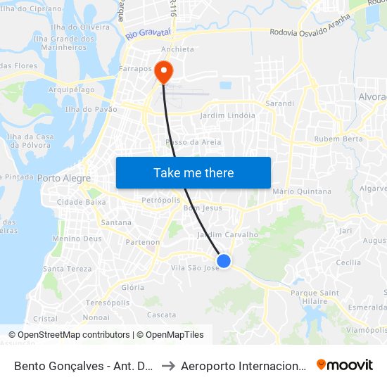 Bento Gonçalves - Ant. De Carvalho (Fora Do Corredor) to Aeroporto Internacional Salgado Filho - Terminal 2 map