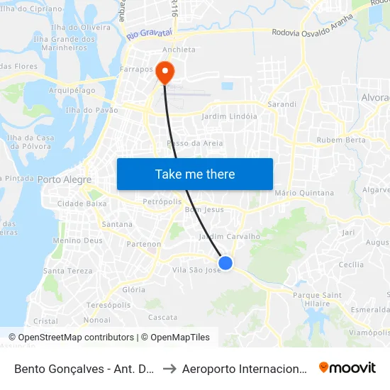 Bento Gonçalves - Ant. De Carvalho (Fora Do Corredor) to Aeroporto Internacional Salgado Filho - Terminal 2 map