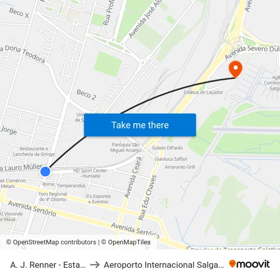 A. J. Renner - Estação Farrapos to Aeroporto Internacional Salgado Filho - Terminal 2 map