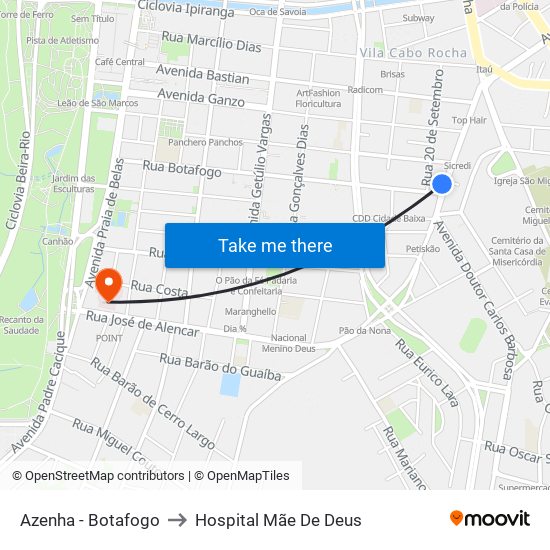 Azenha - Botafogo to Hospital Mãe De Deus map