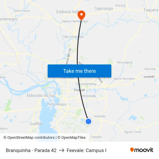 Branquinha - Parada 42 to Feevale: Campus I map