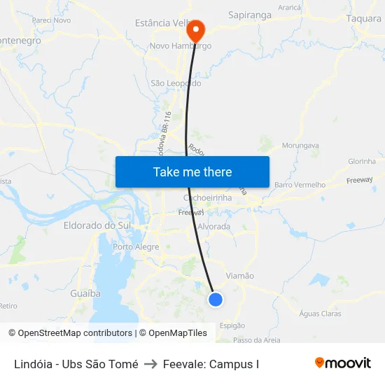 Lindóia - Ubs São Tomé to Feevale: Campus I map