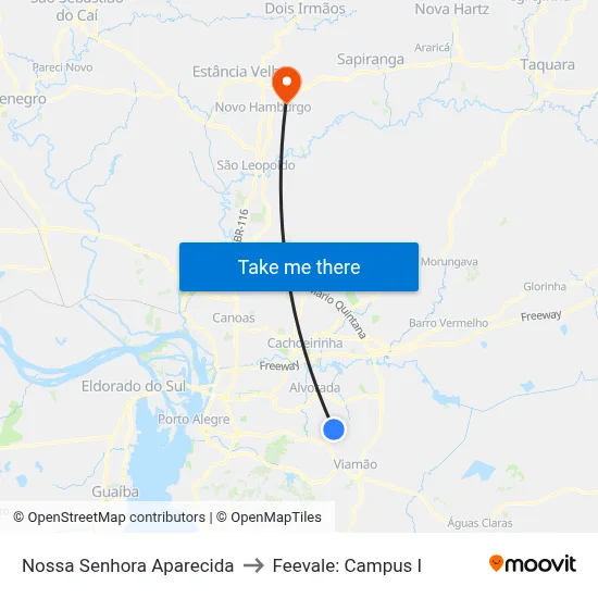 Nossa Senhora Aparecida to Feevale: Campus I map