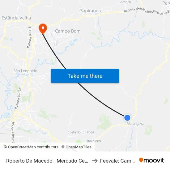 Roberto De Macedo - Mercado Cerro Azul to Feevale: Campus I map