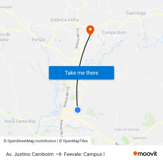 Av. Justino Camboim to Feevale: Campus I map