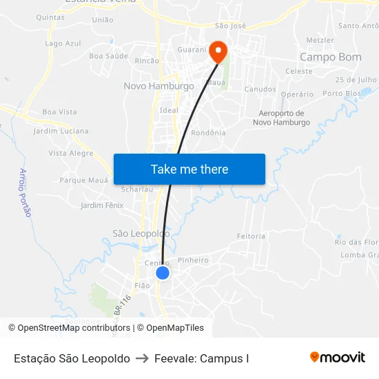 Estação São Leopoldo to Feevale: Campus I map