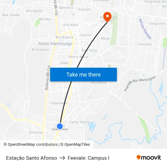 Estação Santo Afonso to Feevale: Campus I map