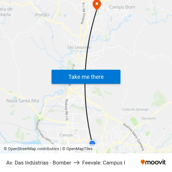 Av. Das Indústrias - Bomber to Feevale: Campus I map