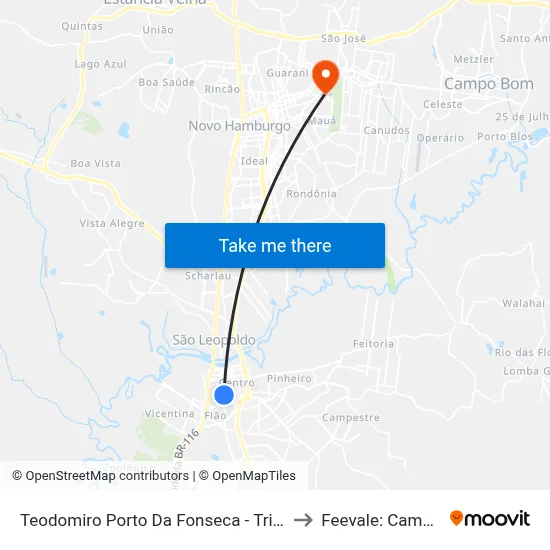 Teodomiro Porto Da Fonseca - Triângulo to Feevale: Campus I map
