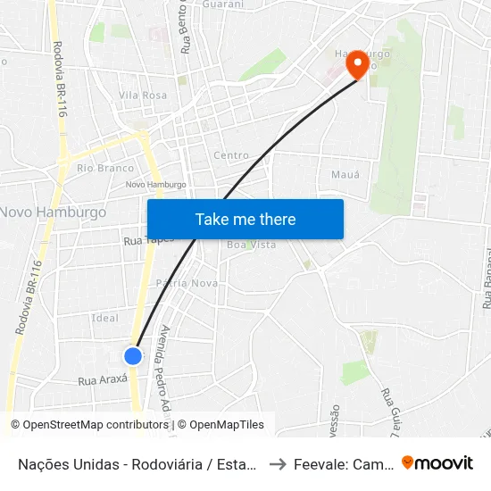 Nações Unidas - Rodoviária / Estação Fenac to Feevale: Campus I map