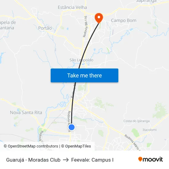 Guarujá - Moradas Club to Feevale: Campus I map