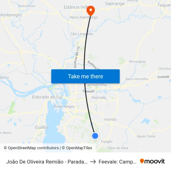 João De Oliveira Remião - Parada 21-A to Feevale: Campus I map