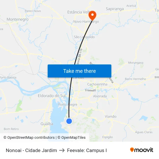 Nonoai - Cidade Jardim to Feevale: Campus I map
